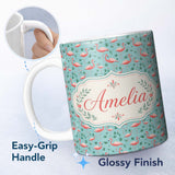 Personalized Custom Name Classic Flamingo Birds in Marshland Setting Seamless Pattern Name 11oz Ceramic Coffee Tea Mug White Large Handle