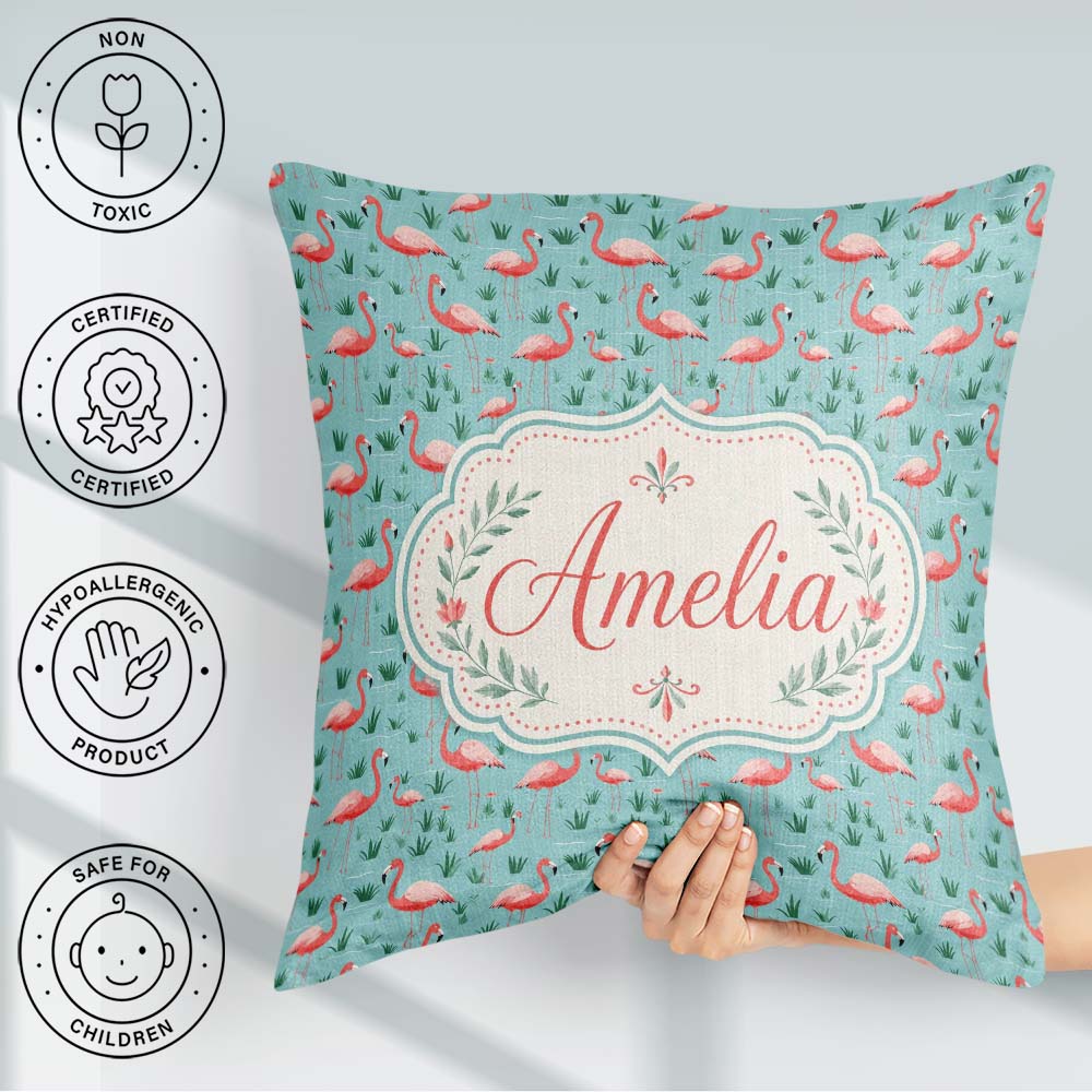 Custom Name Classic Flamingo Birds in Marshland Setting Seamless Square Filled Cushion Throw Pillow Sofa Bed Home Decor Zip Washable UK Made