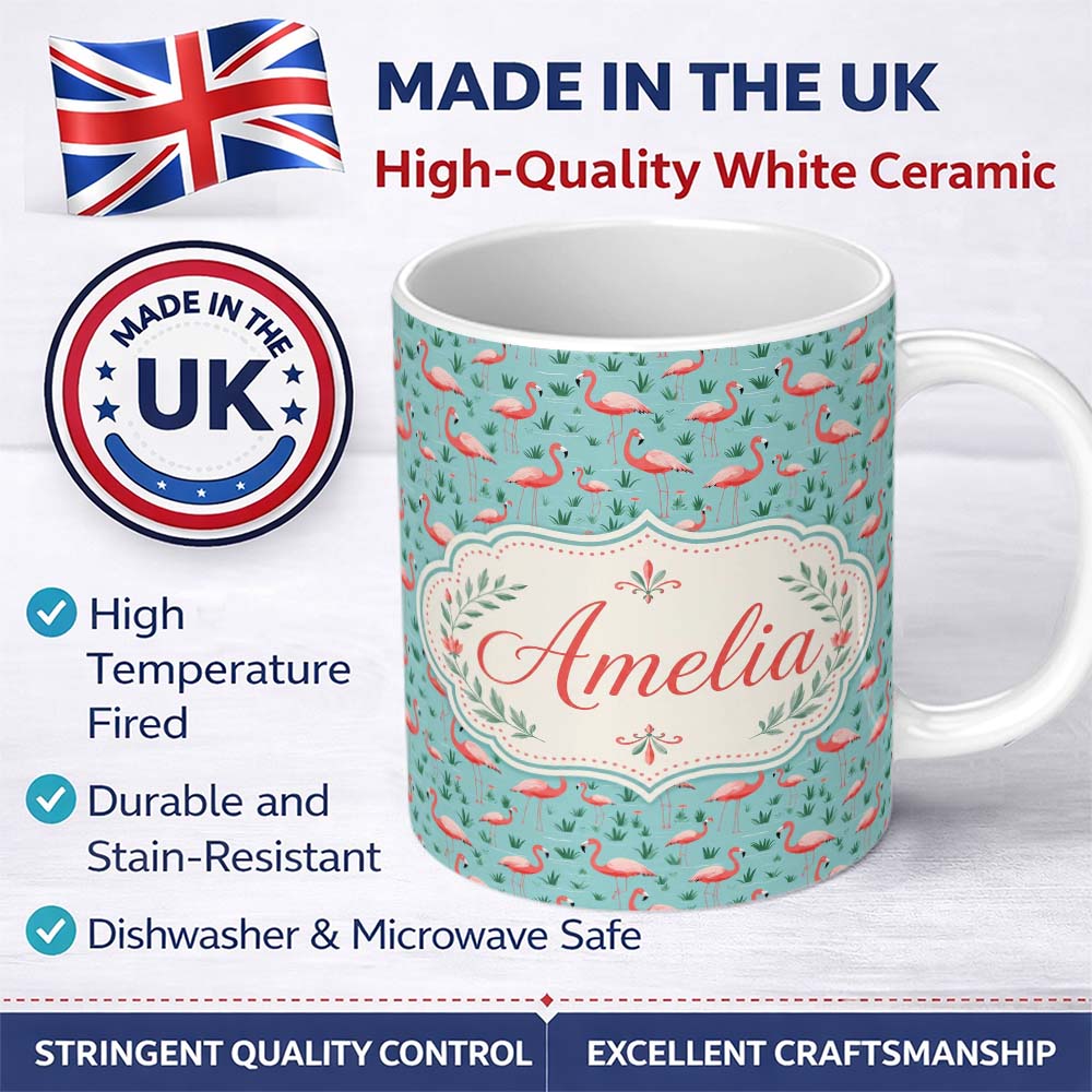 Personalized Custom Name Classic Flamingo Birds in Marshland Setting Seamless Pattern Name 11oz Ceramic Coffee Tea Mug White Large Handle
