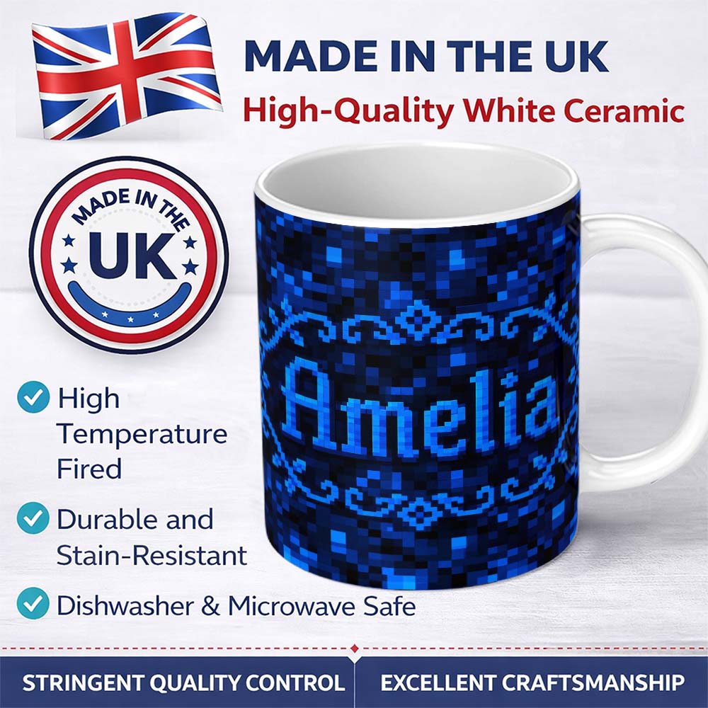 Personalized Custom Name Dark Blue Pixel Texture Abstract Seamless  Cute Unique Gift 11oz Ceramic Coffee Tea Mug White Large Handle