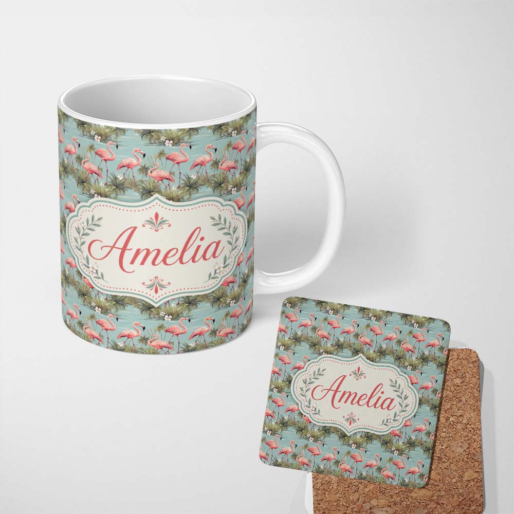 Personalized Custom Name Soft Pink Flamingo Birds in Calm Water Scene Seamless Pattern Name 11oz Ceramic Coffee Tea Mug White Large Handle