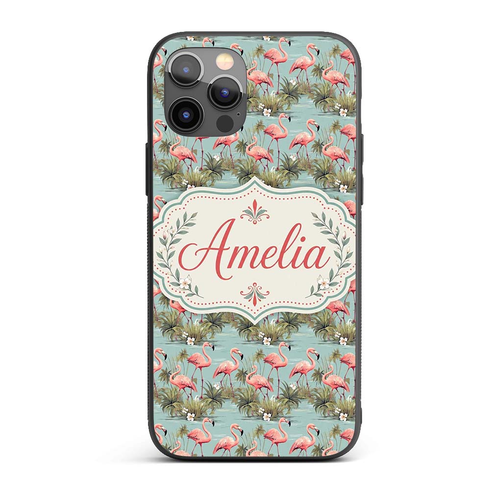 Soft Pink Flamingo Birds in Calm Water Scene Custom Name Protective Phone Case Mobile Cover Durable Everyday Smartphone Shock Resistant