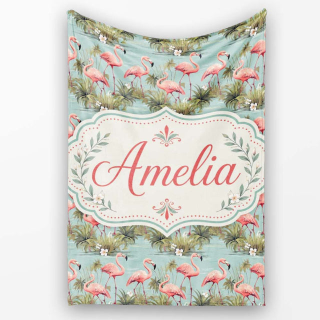 Soft Pink Flamingo Birds in Calm Water Scene Seamless Pattern Name  Personalised Custom Name Super Soft Fleece Blanket Bed Sofa Throw