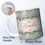 Personalized Custom Name Soft Pink Flamingo Birds in Calm Water Scene Seamless Pattern Name 11oz Ceramic Coffee Tea Mug White Large Handle