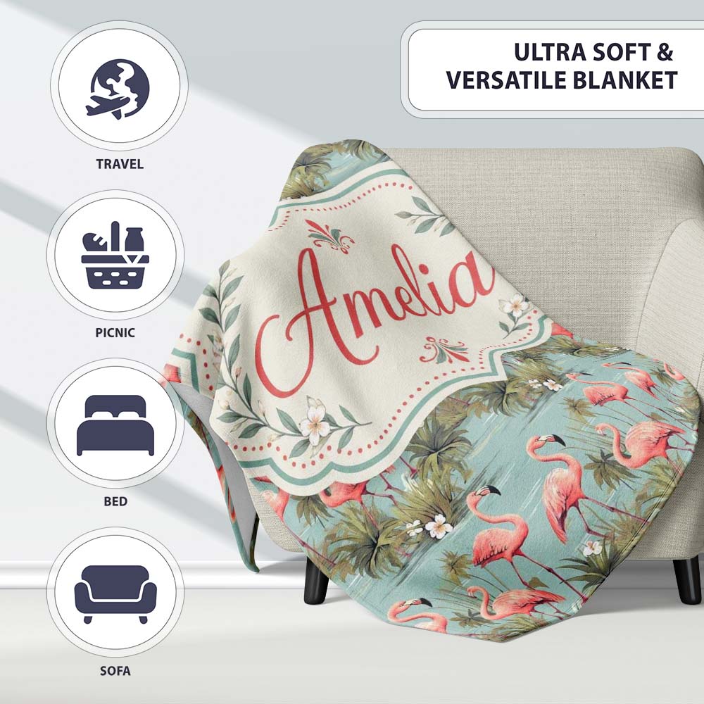 Soft Pink Flamingo Birds in Calm Water Scene Seamless Pattern Name  Personalised Custom Name Super Soft Fleece Blanket Bed Sofa Throw