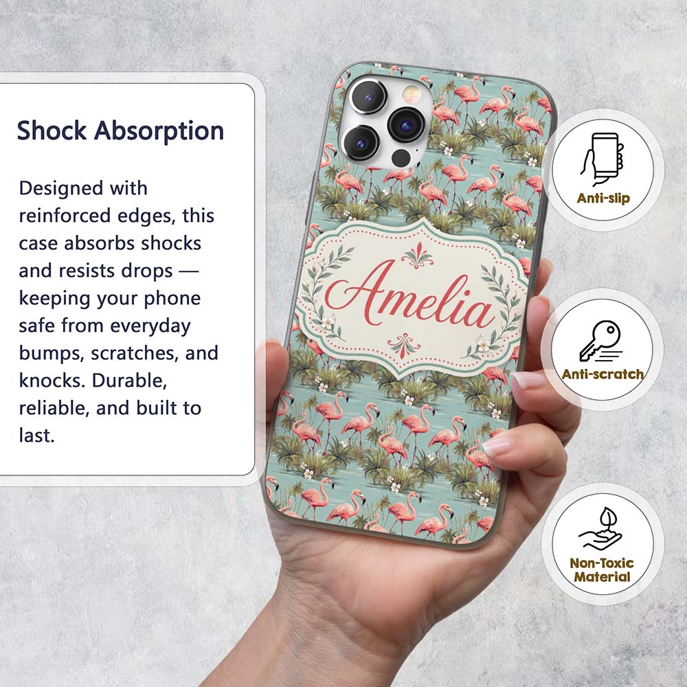 Soft Pink Flamingo Birds in Calm Water Scene Custom Name Protective Phone Case Mobile Cover Durable Everyday Smartphone Shock Resistant