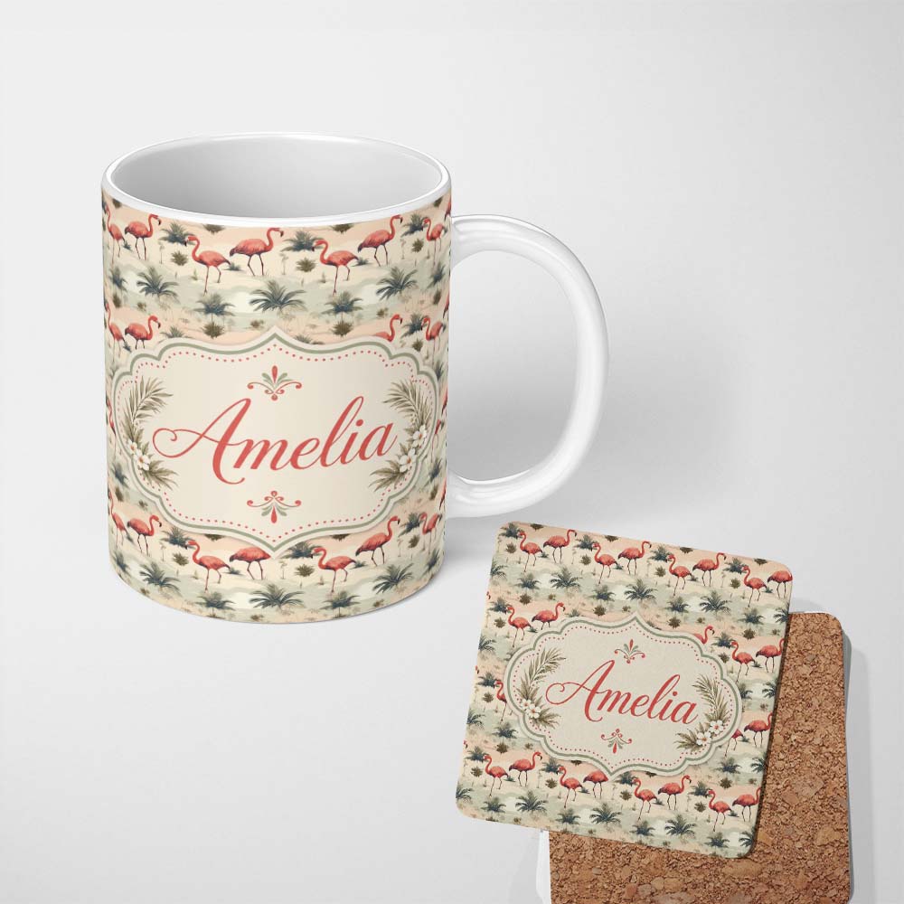 Personalized Custom Name Flamingo Birds with Natural Grass Wetland Seamless Pattern Name Cute 11oz Ceramic Coffee Tea Mug White Large Handle