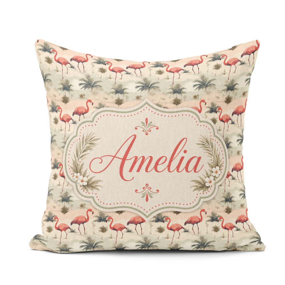 Custom Name Flamingo Birds with Natural Grass Seamless Name Cute Square Filled Cushion Throw Pillow Sofa Bed Home Decor Zip Washable UK Made