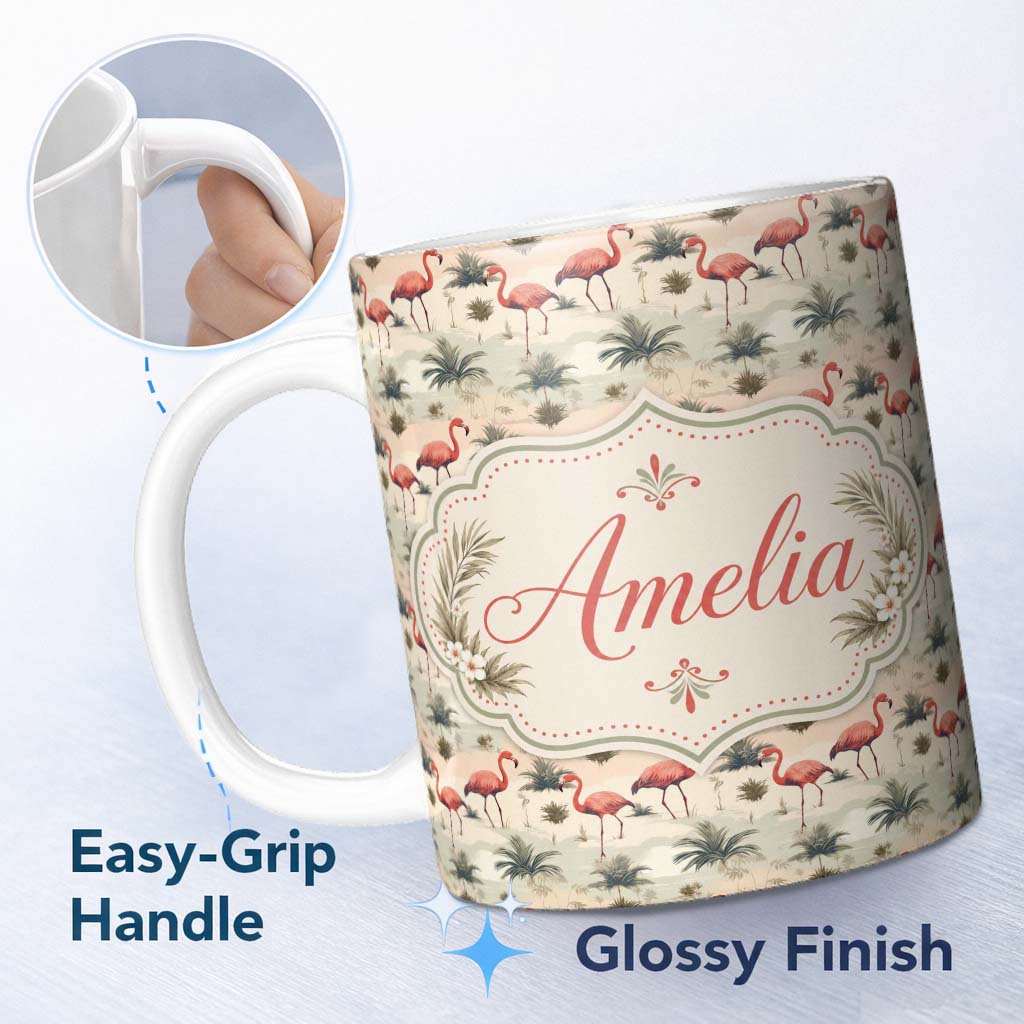 Personalized Custom Name Flamingo Birds with Natural Grass Wetland Seamless Pattern Name Cute 11oz Ceramic Coffee Tea Mug White Large Handle