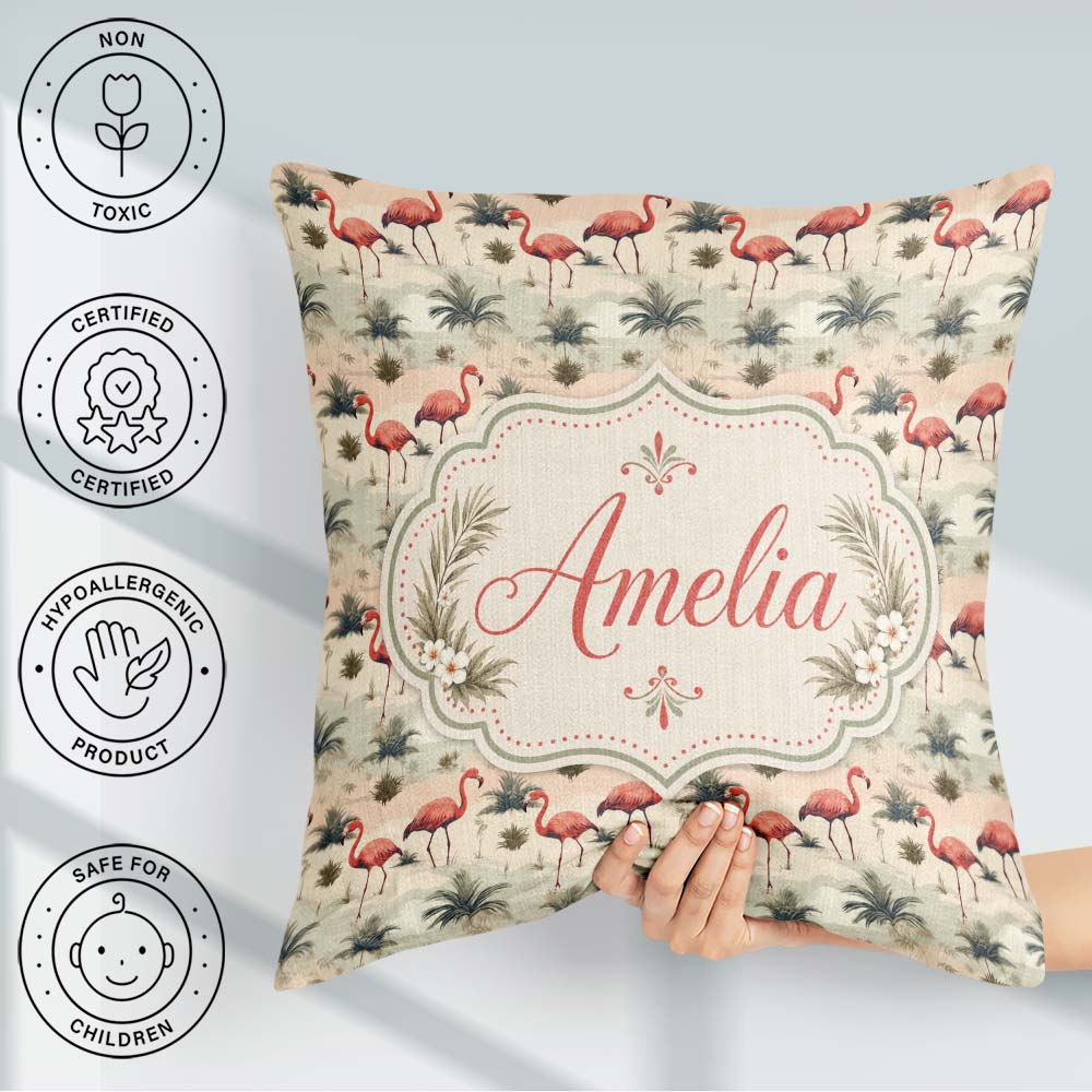 Custom Name Flamingo Birds with Natural Grass Seamless Name Cute Square Filled Cushion Throw Pillow Sofa Bed Home Decor Zip Washable UK Made