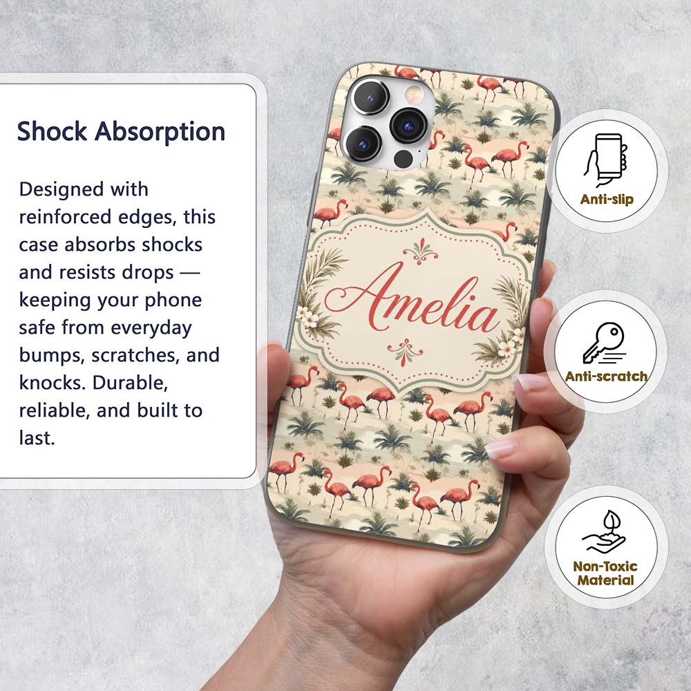 Flamingo Birds with Natural Grass Printed Design Custom Name Protective Phone Case Mobile Cover Durable Everyday Smartphone Shock Resistant