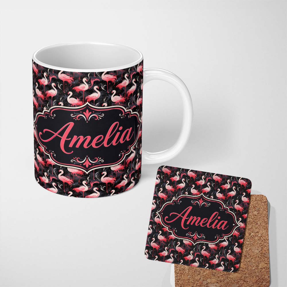 Personalized Custom Name Vintage Style Flamingo Birds with Tropical Plants Seamless Pattern 11oz Ceramic Coffee Tea Mug White Large Handle