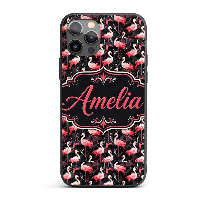 Vintage Style Flamingo Birds with Tropical Plants Custom Name Protective Phone Case Mobile Cover Durable Everyday Smartphone Shock Resistant