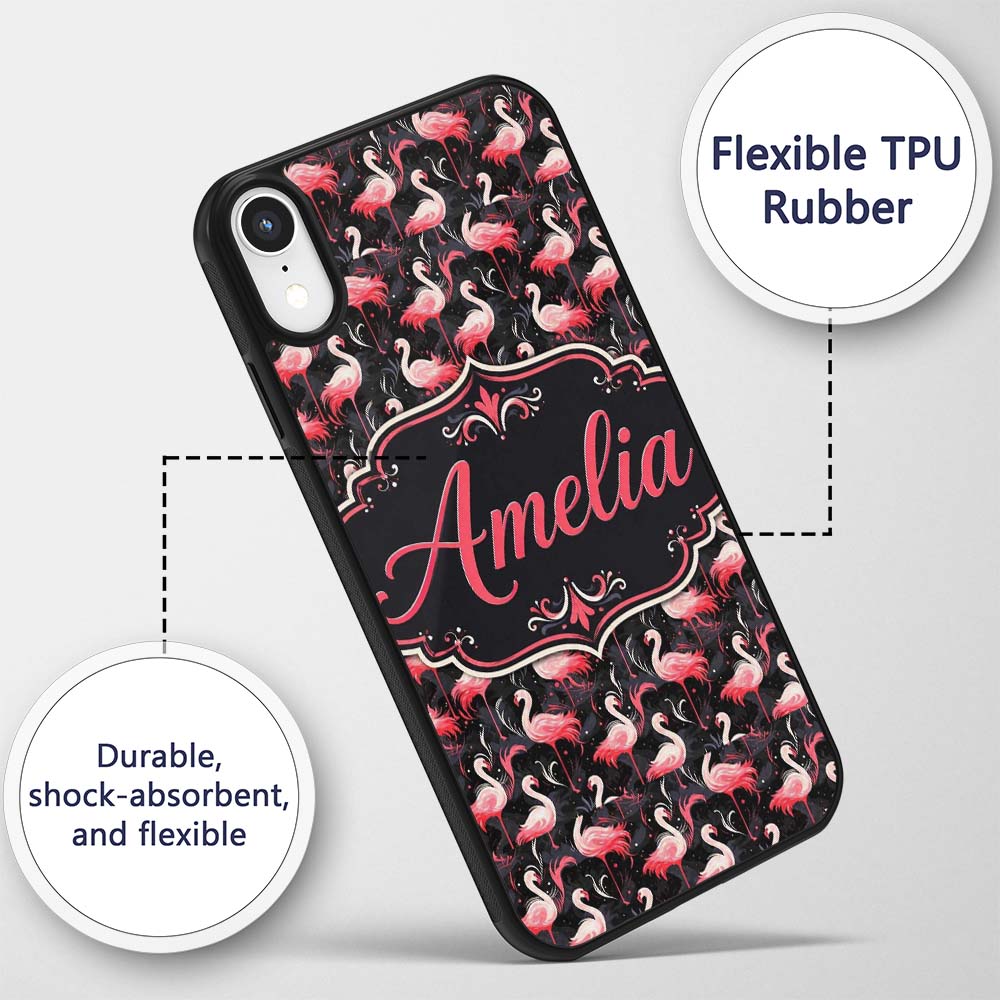 Vintage Style Flamingo Birds with Tropical Plants Custom Name Protective Phone Case Mobile Cover Durable Everyday Smartphone Shock Resistant