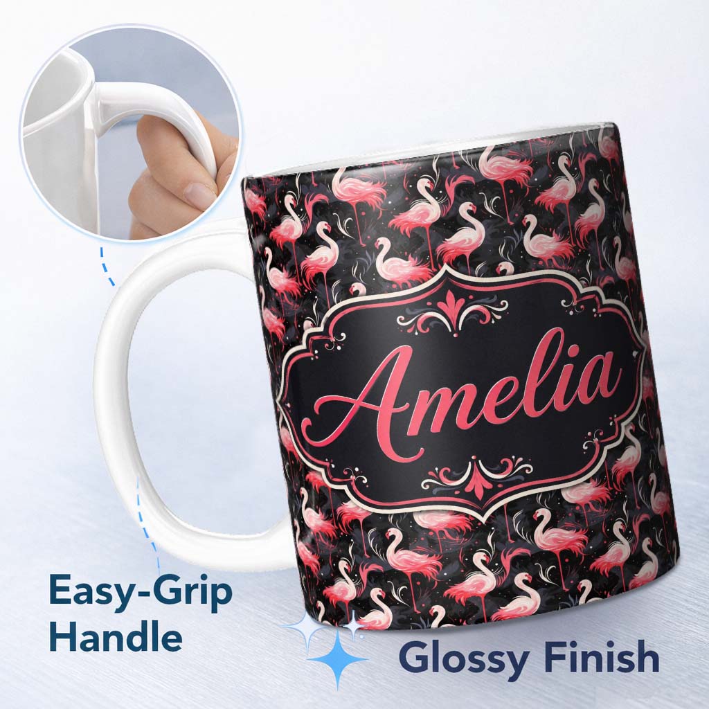 Personalized Custom Name Vintage Style Flamingo Birds with Tropical Plants Seamless Pattern 11oz Ceramic Coffee Tea Mug White Large Handle