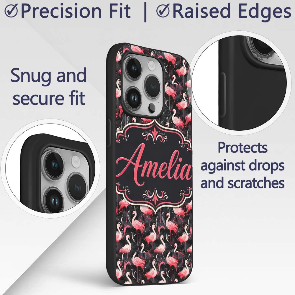 Vintage Style Flamingo Birds with Tropical Plants Custom Name Protective Phone Case Mobile Cover Durable Everyday Smartphone Shock Resistant