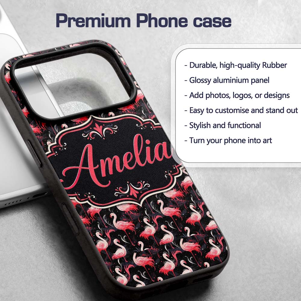 Vintage Style Flamingo Birds with Tropical Plants Custom Name Protective Phone Case Mobile Cover Durable Everyday Smartphone Shock Resistant