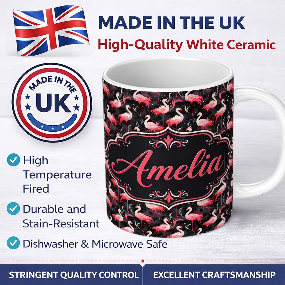 Personalized Custom Name Vintage Style Flamingo Birds with Tropical Plants Seamless Pattern 11oz Ceramic Coffee Tea Mug White Large Handle