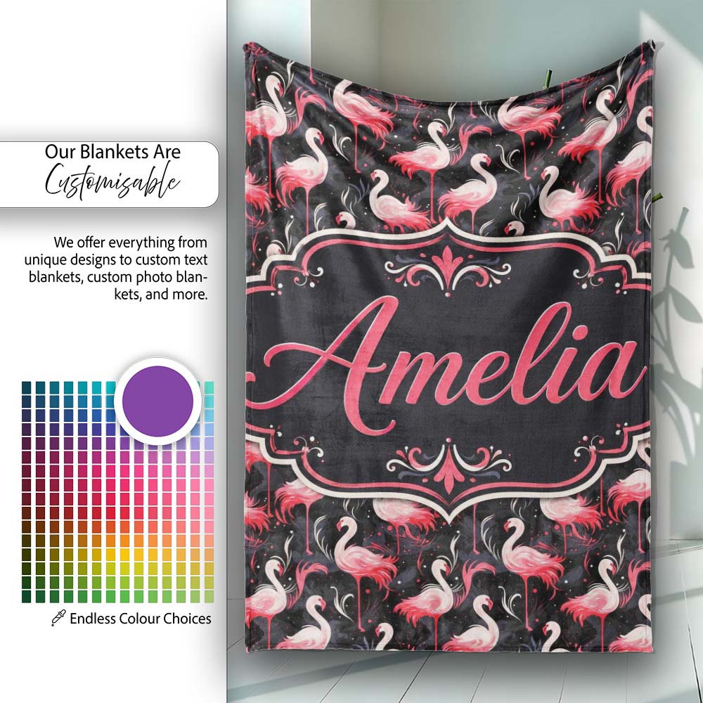Vintage Style Flamingo Birds with Tropical Plants Seamless Pattern  Personalised Custom Name Super Soft Fleece Blanket Bed Sofa Throw