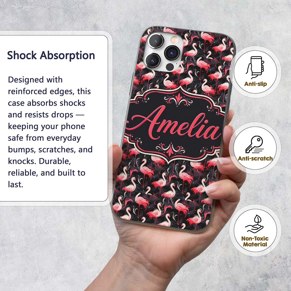 Vintage Style Flamingo Birds with Tropical Plants Custom Name Protective Phone Case Mobile Cover Durable Everyday Smartphone Shock Resistant