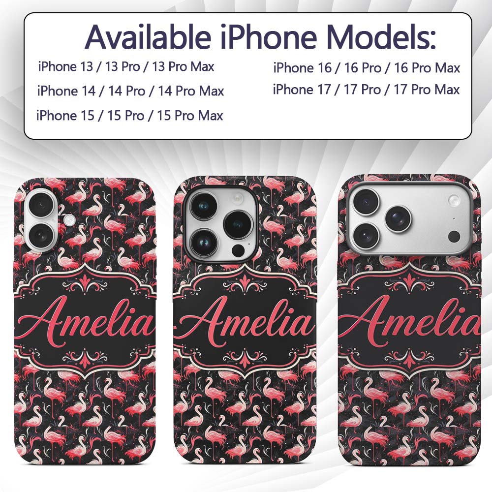 Vintage Style Flamingo Birds with Tropical Plants Custom Name Protective Phone Case Mobile Cover Durable Everyday Smartphone Shock Resistant