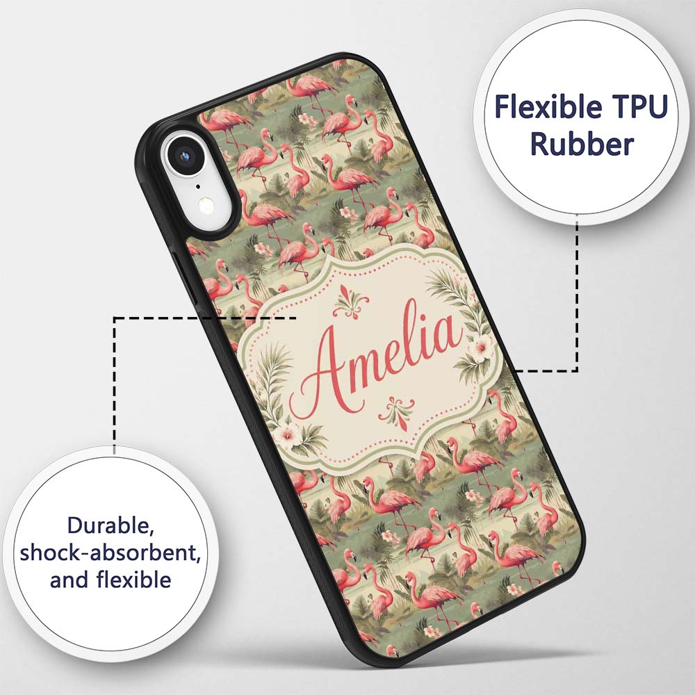 Elegant Flamingo Birds with Botanical Jungle Custom Name Protective Phone Case Mobile Cover Durable Everyday Smartphone Shock Resistant