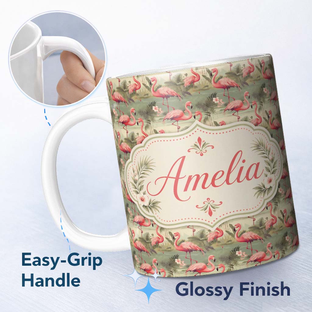 Personalized Custom Name Elegant Flamingo Birds with Botanical Jungle Theme Seamless Pattern 11oz Ceramic Coffee Tea Mug White Large Handle