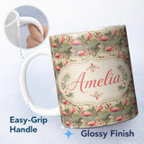 Personalized Custom Name Elegant Flamingo Birds with Botanical Jungle Theme Seamless Pattern 11oz Ceramic Coffee Tea Mug White Large Handle