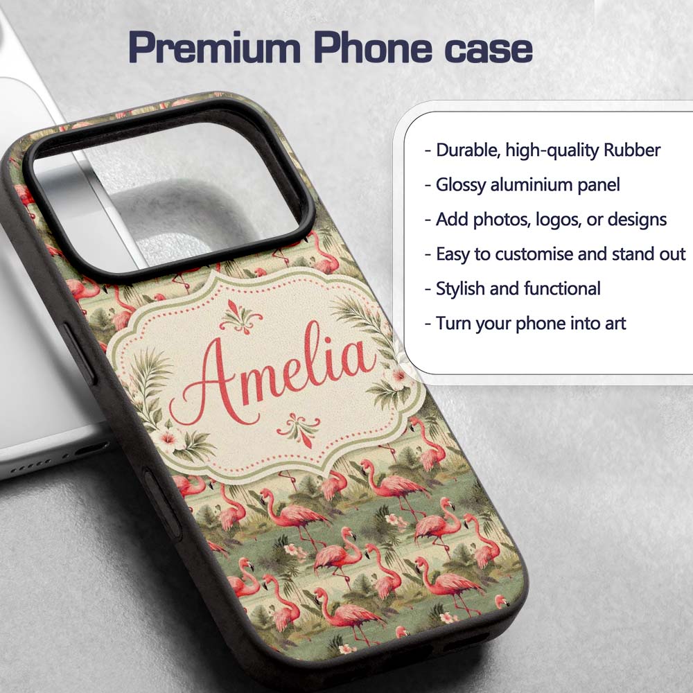 Elegant Flamingo Birds with Botanical Jungle Custom Name Protective Phone Case Mobile Cover Durable Everyday Smartphone Shock Resistant