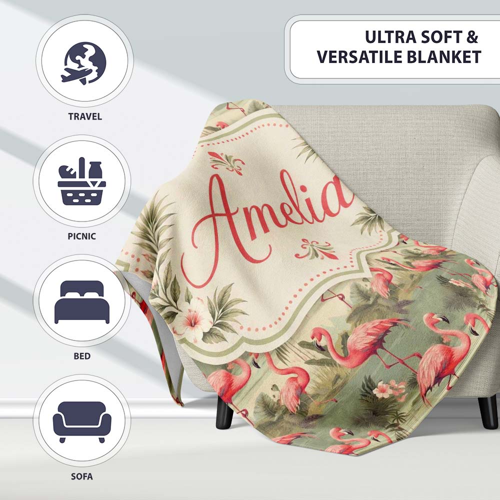 Elegant Flamingo Birds with Botanical Jungle Theme Seamless Pattern  Personalised Custom Name Super Soft Fleece Blanket Bed Sofa Throw