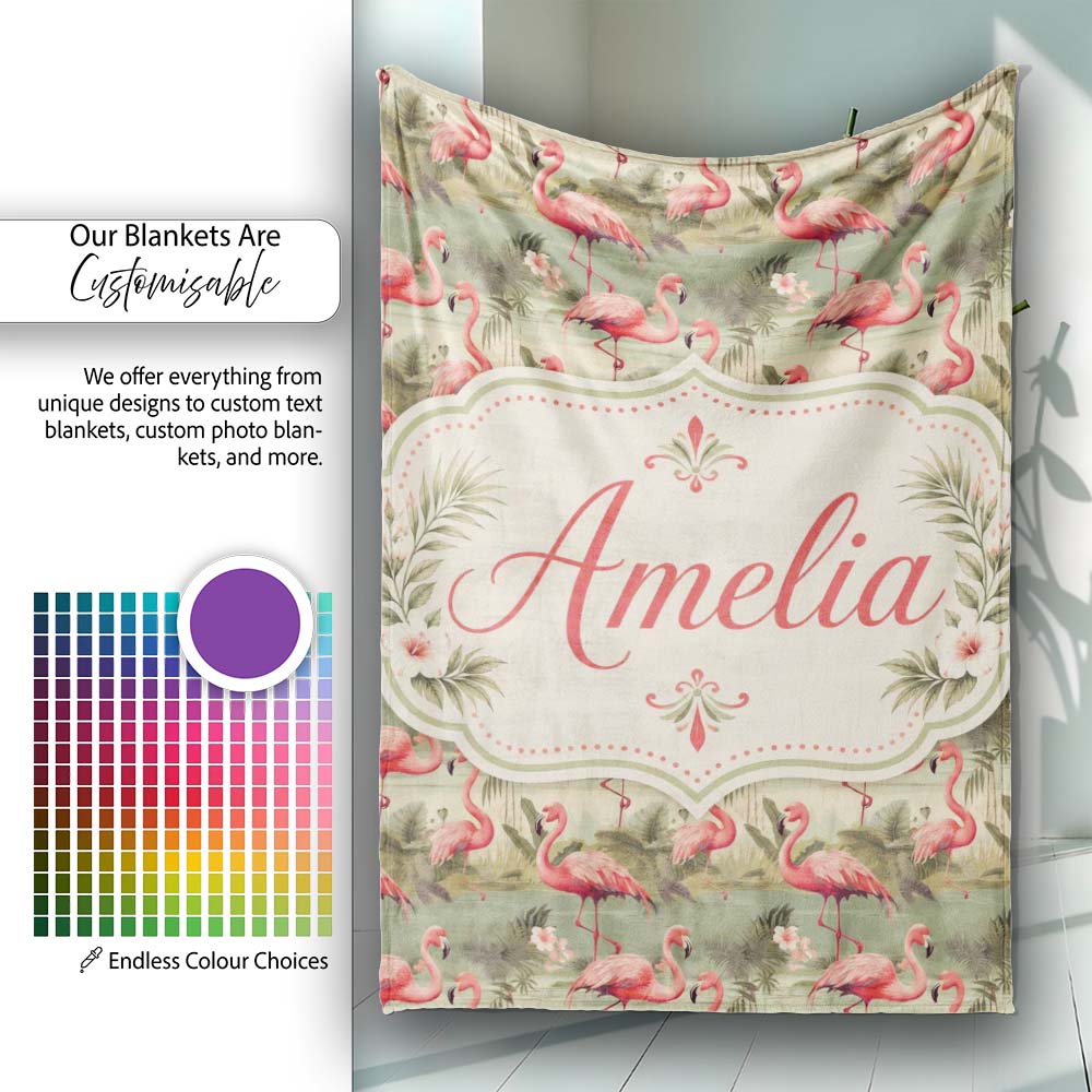 Elegant Flamingo Birds with Botanical Jungle Theme Seamless Pattern  Personalised Custom Name Super Soft Fleece Blanket Bed Sofa Throw