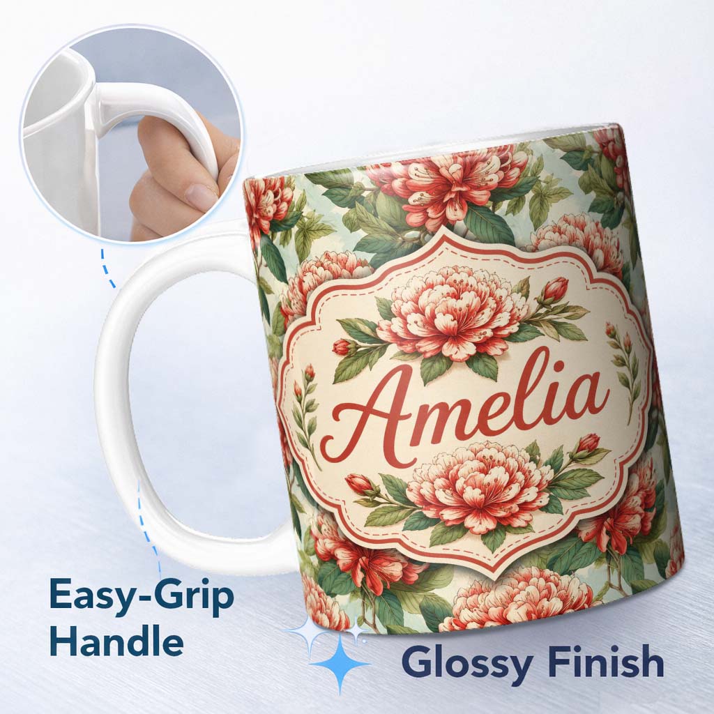 Personalized Custom Name Peach and Coral Blooming Flowers Botanical Seamless Pattern Lovely 11oz Ceramic Coffee Tea Mug White Large Handle