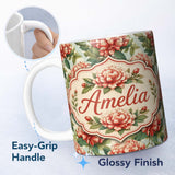 Personalized Custom Name Peach and Coral Blooming Flowers Botanical Seamless Pattern Lovely 11oz Ceramic Coffee Tea Mug White Large Handle