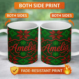 Personalized Custom Name Cute Green Red Nordic Floral Snowflake Winter Knitted Seamless 11oz Ceramic Coffee Tea Mug White Large Handle