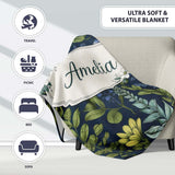 Elegant Botanical Leaves Blue Green Floral Seamless Pattern Lovely  Personalised Custom Name Super Soft Fleece Blanket Bed Sofa Throw
