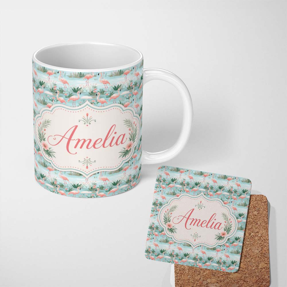 Personalized Custom Name Delicate Flamingo Birds with Soft Floral Water Scene Seamless 11oz Ceramic Coffee Tea Mug White Large Handle