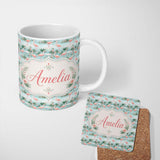 Personalized Custom Name Delicate Flamingo Birds with Soft Floral Water Scene Seamless 11oz Ceramic Coffee Tea Mug White Large Handle