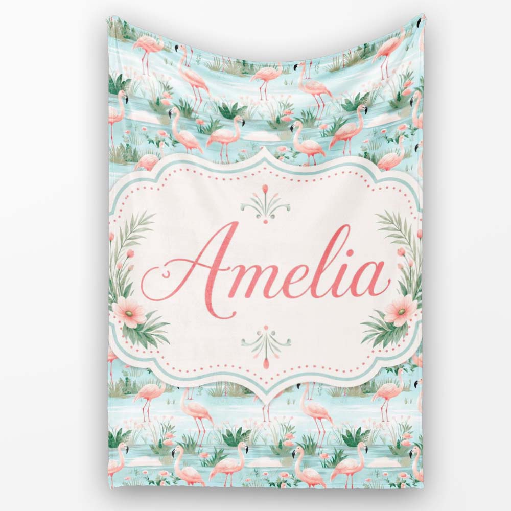 Delicate Flamingo Birds with Soft Floral Water Scene Seamless  Personalised Custom Name Super Soft Fleece Blanket Bed Sofa Throw