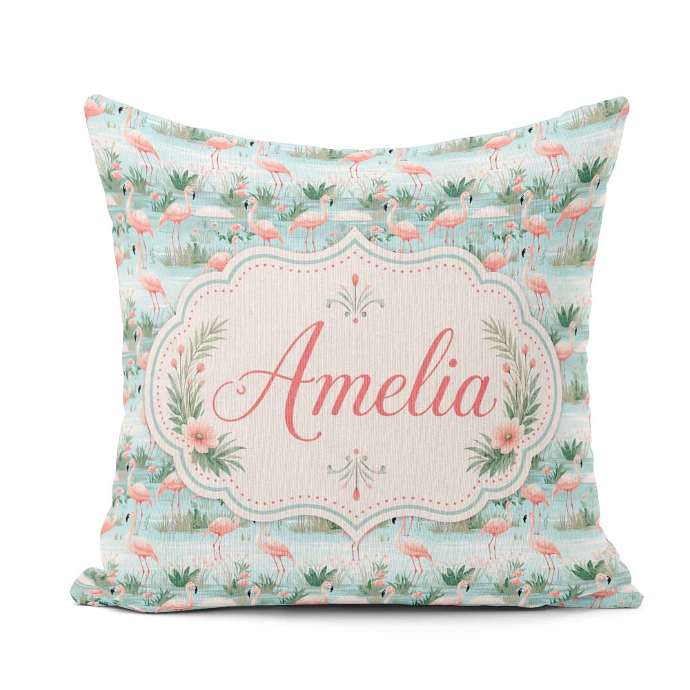 Custom Name Delicate Flamingo Birds with Soft Floral Water Scene Square Filled Cushion Throw Pillow Sofa Bed Home Decor Zip Washable UK Made