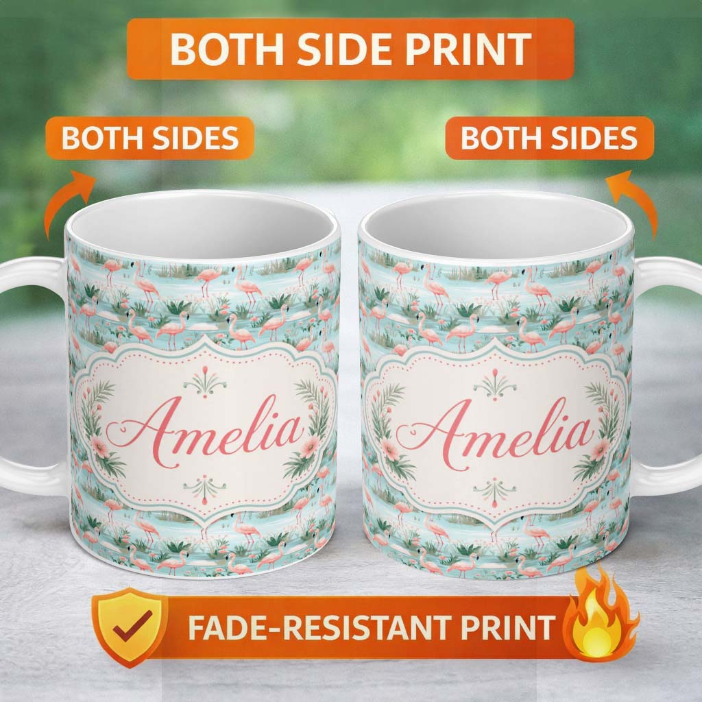 Personalized Custom Name Delicate Flamingo Birds with Soft Floral Water Scene Seamless 11oz Ceramic Coffee Tea Mug White Large Handle