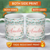 Personalized Custom Name Delicate Flamingo Birds with Soft Floral Water Scene Seamless 11oz Ceramic Coffee Tea Mug White Large Handle