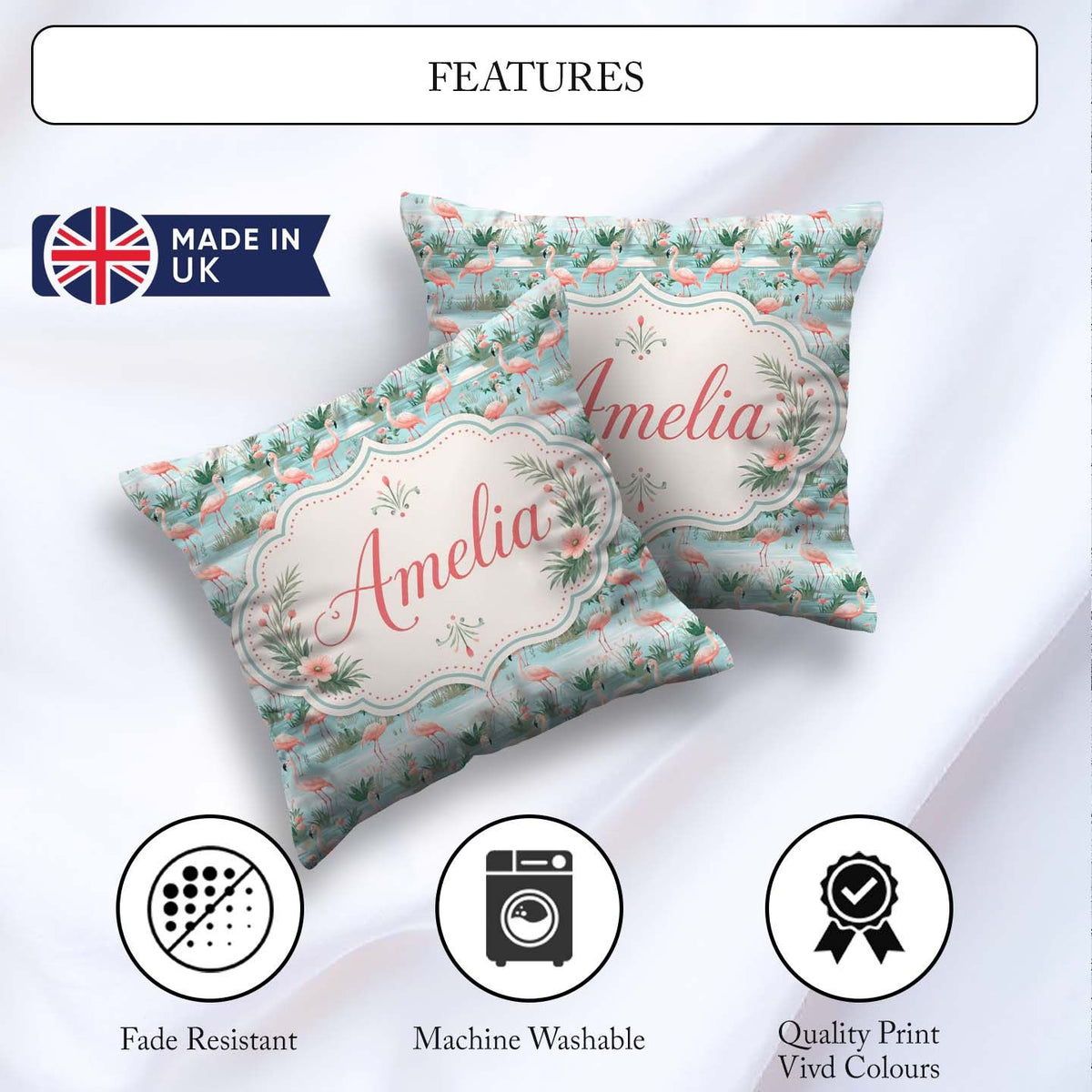 Custom Name Delicate Flamingo Birds with Soft Floral Water Scene Square Filled Cushion Throw Pillow Sofa Bed Home Decor Zip Washable UK Made