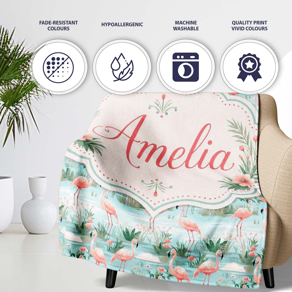 Delicate Flamingo Birds with Soft Floral Water Scene Seamless  Personalised Custom Name Super Soft Fleece Blanket Bed Sofa Throw