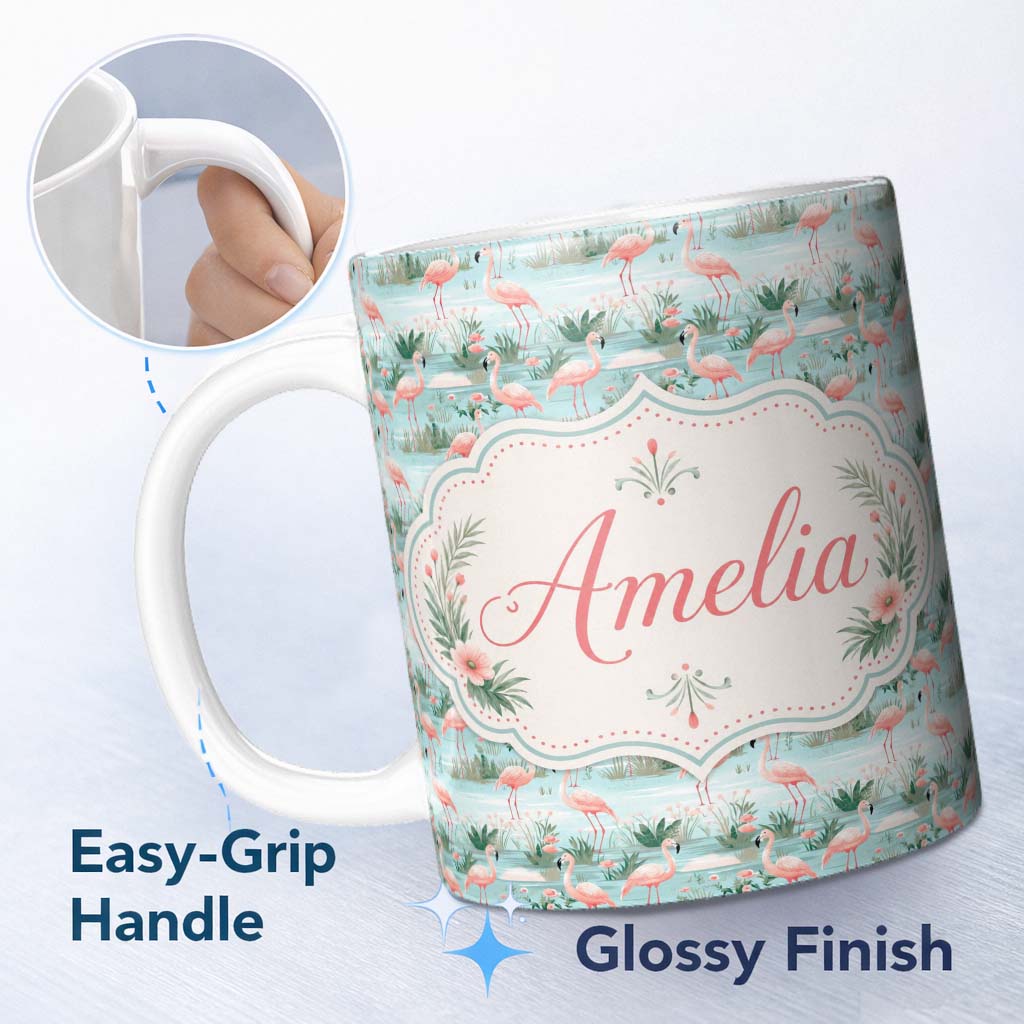 Personalized Custom Name Delicate Flamingo Birds with Soft Floral Water Scene Seamless 11oz Ceramic Coffee Tea Mug White Large Handle