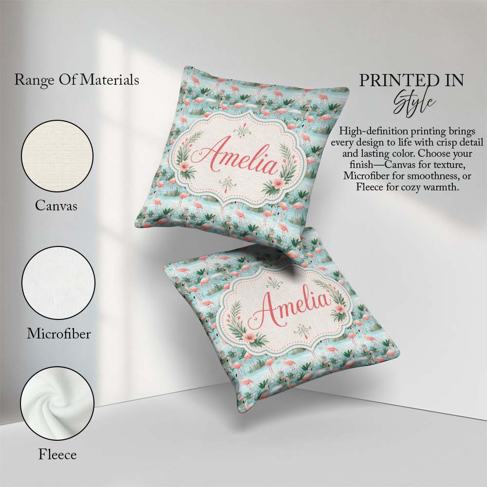 Custom Name Delicate Flamingo Birds with Soft Floral Water Scene Square Filled Cushion Throw Pillow Sofa Bed Home Decor Zip Washable UK Made