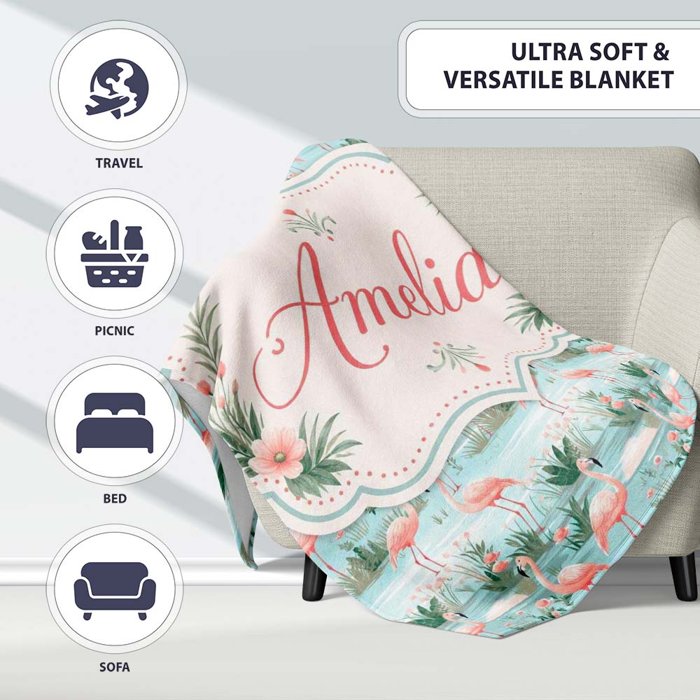 Delicate Flamingo Birds with Soft Floral Water Scene Seamless  Personalised Custom Name Super Soft Fleece Blanket Bed Sofa Throw