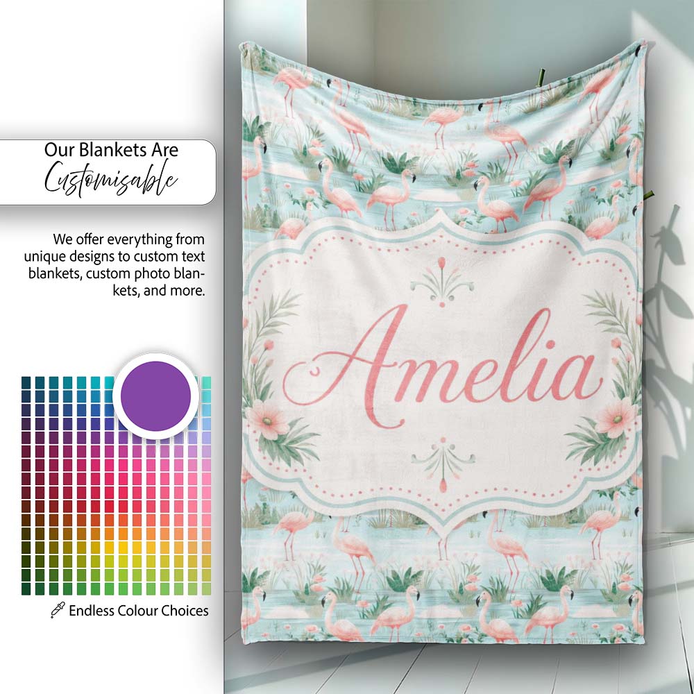 Delicate Flamingo Birds with Soft Floral Water Scene Seamless  Personalised Custom Name Super Soft Fleece Blanket Bed Sofa Throw