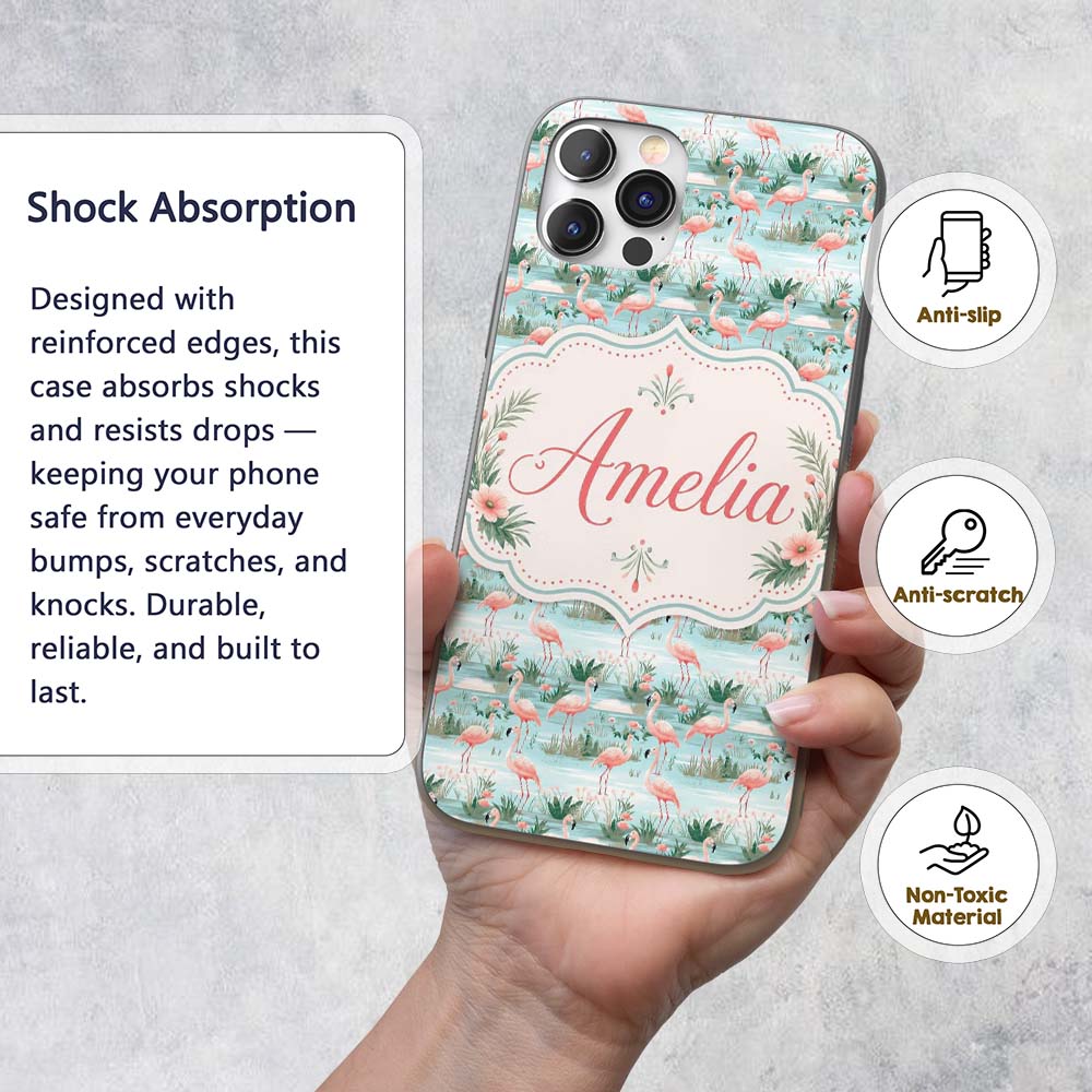 Delicate Flamingo Birds with Soft Floral Water Custom Name Protective Phone Case Mobile Cover Durable Everyday Smartphone Shock Resistant