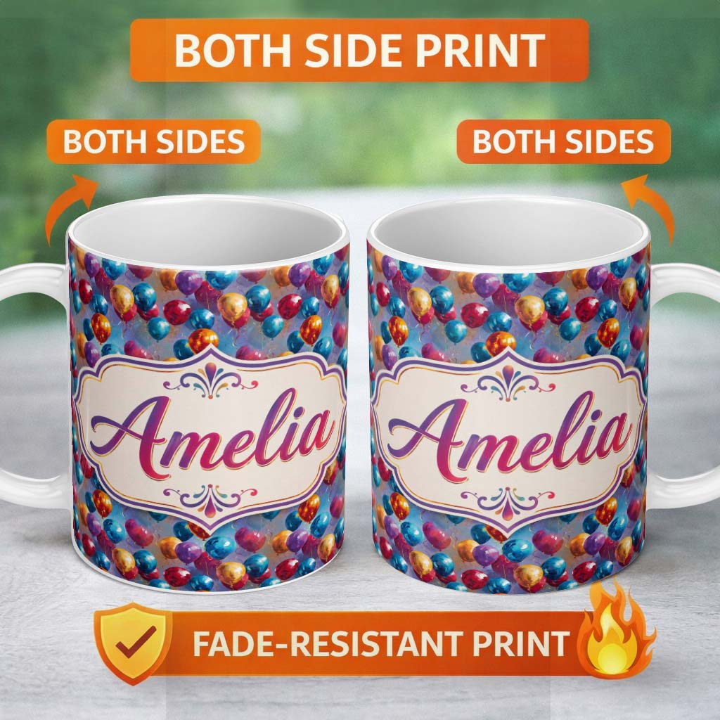 Personalized Custom Name Colorful Party Balloons Celebration Seamless Pattern Name Cute 11oz Ceramic Coffee Tea Mug White Large Handle