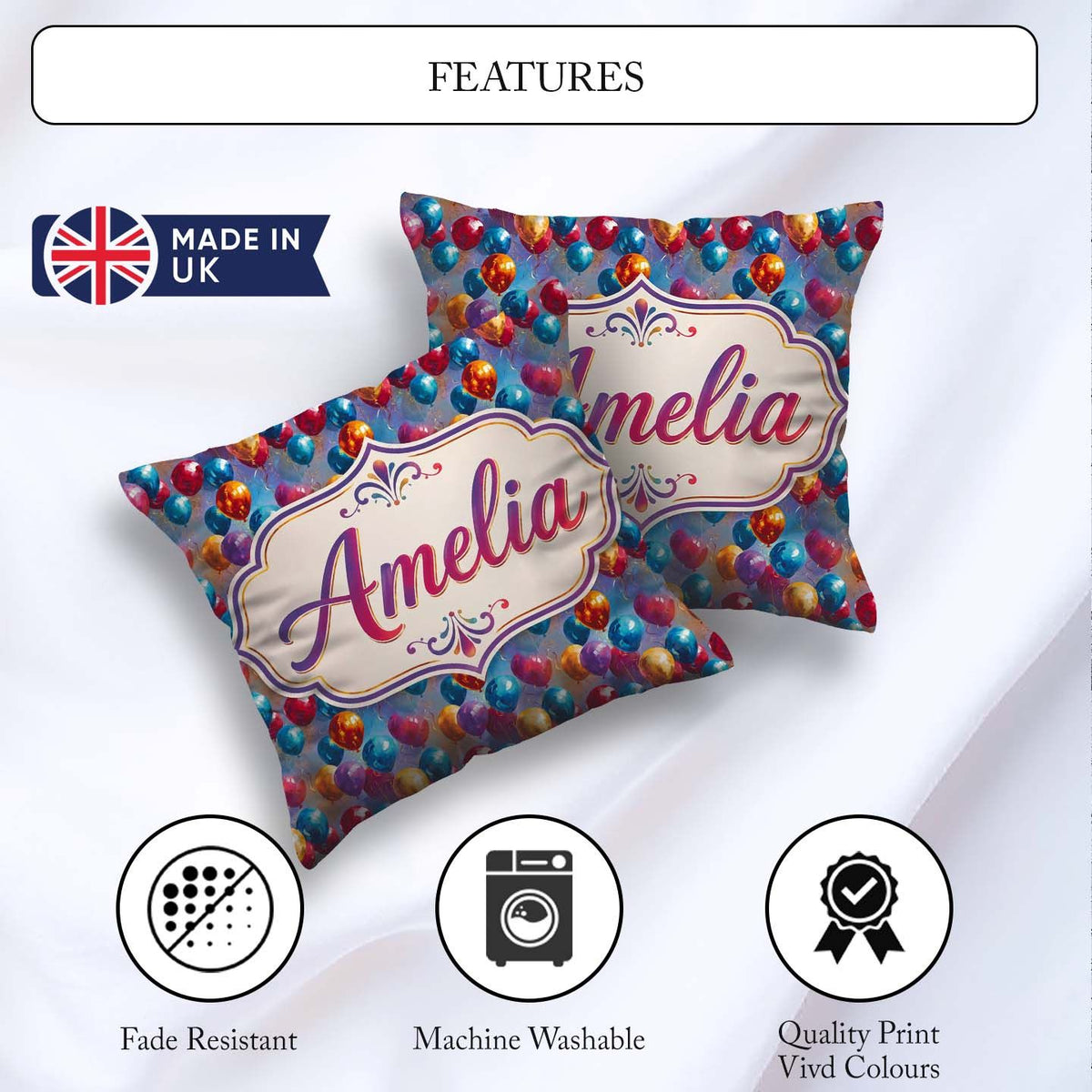 Custom Name Colorful Party Balloons Seamless Pattern Name Cute Square Filled Cushion Throw Pillow Sofa Bed Home Decor Zip Washable UK Made